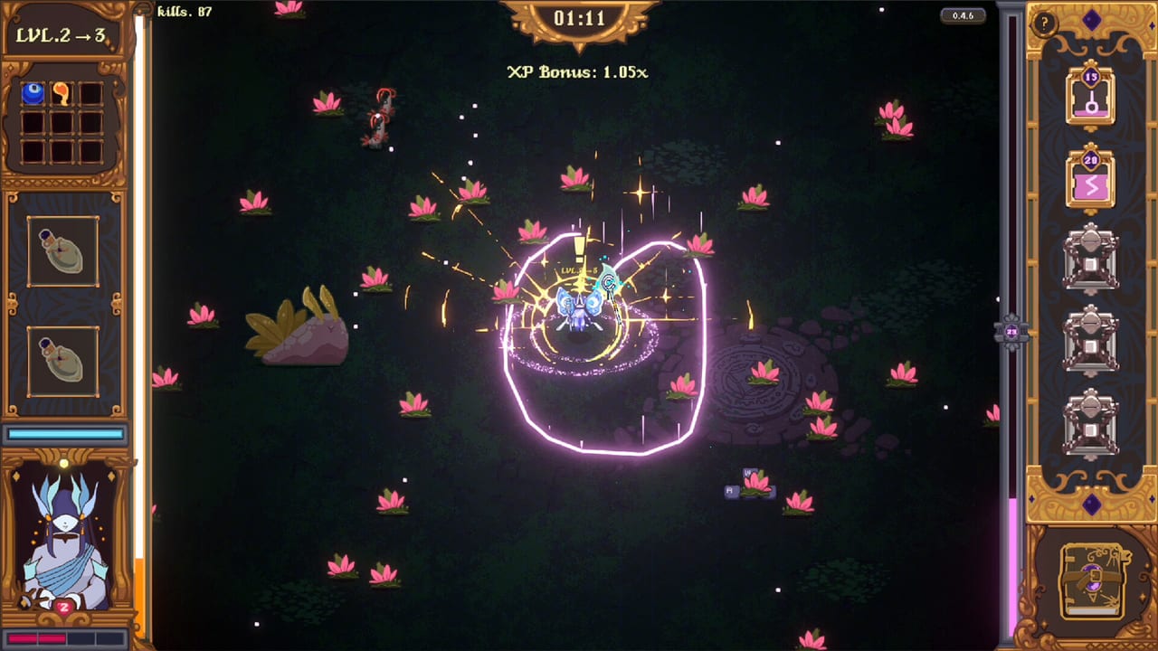 The Magus Circle combat screenshot of a mage drawing a glowing sigil while the Tide of monsters closes in