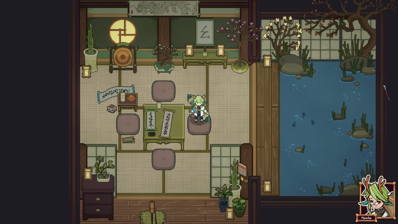 The Magus Circle Magus Mansion tea room with Matcha beside a koi pond between Tide runs
